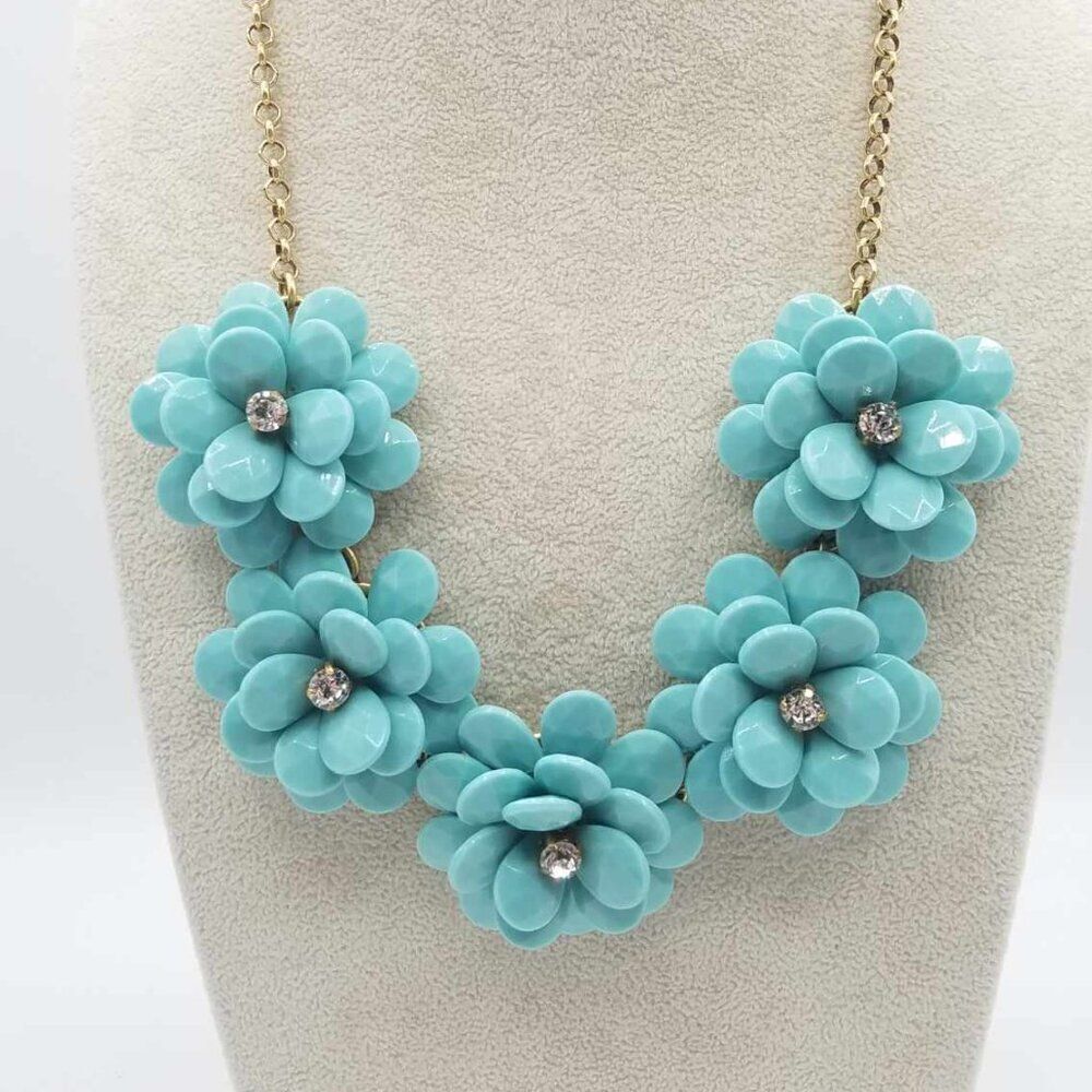 J Crew Turquoise Resin Flower Necklace with Crystal Centers